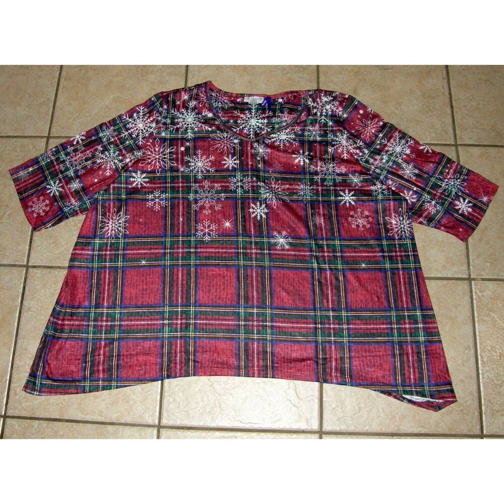 NEW Red Plaid Plus Sz 3X Petite Soft Stretchy SNOWFLAKE Holiday Shirt CATHERINES